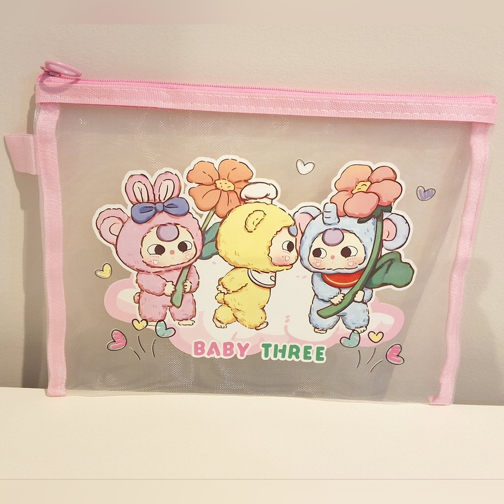 Baby Three Cute Mesh Zipper Organizer Stationery Travel Pouch With Hanging Loop